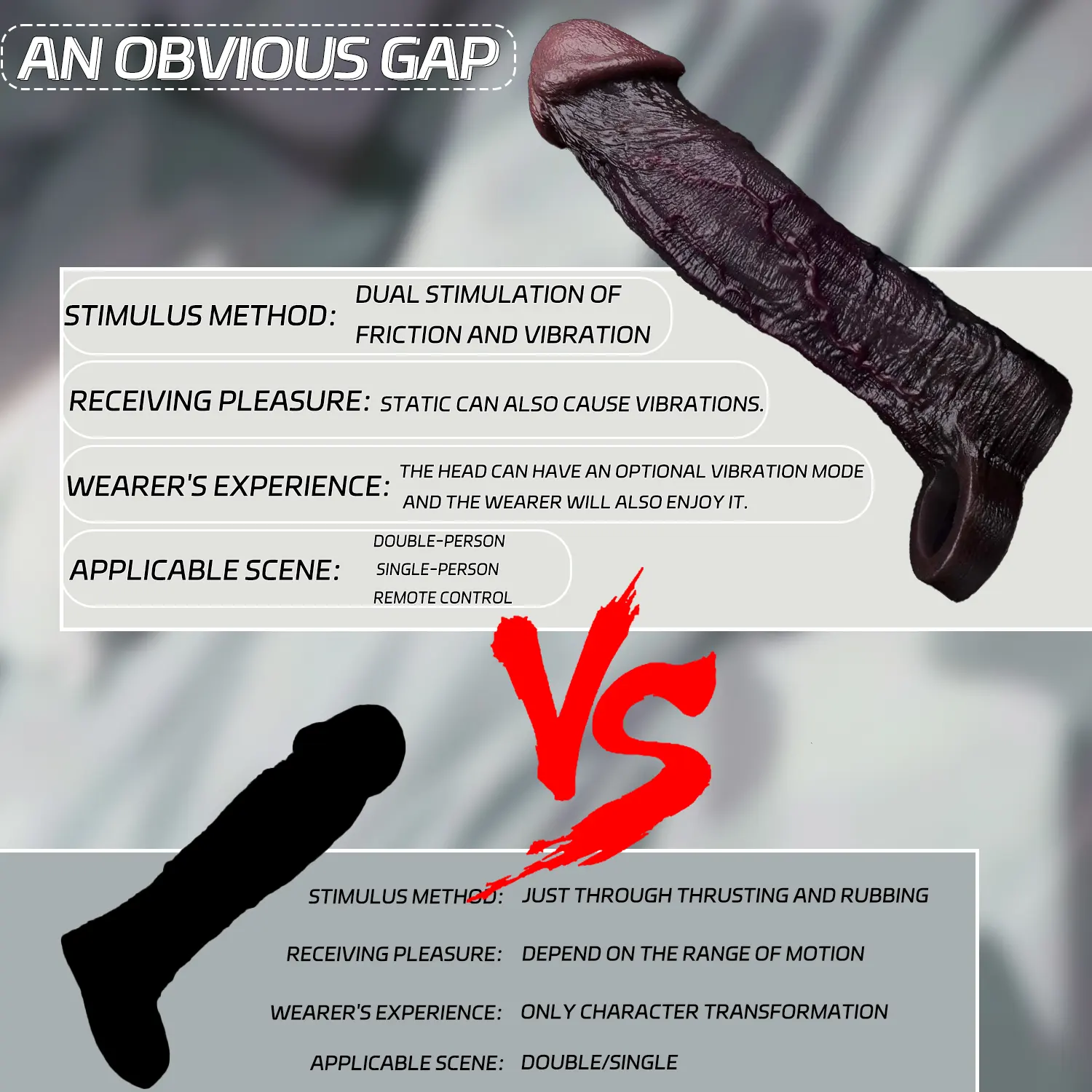 Leo 9.1"×2.2" Huge Black Realistic Silicone Penis Extender | 10 Vibration Modes